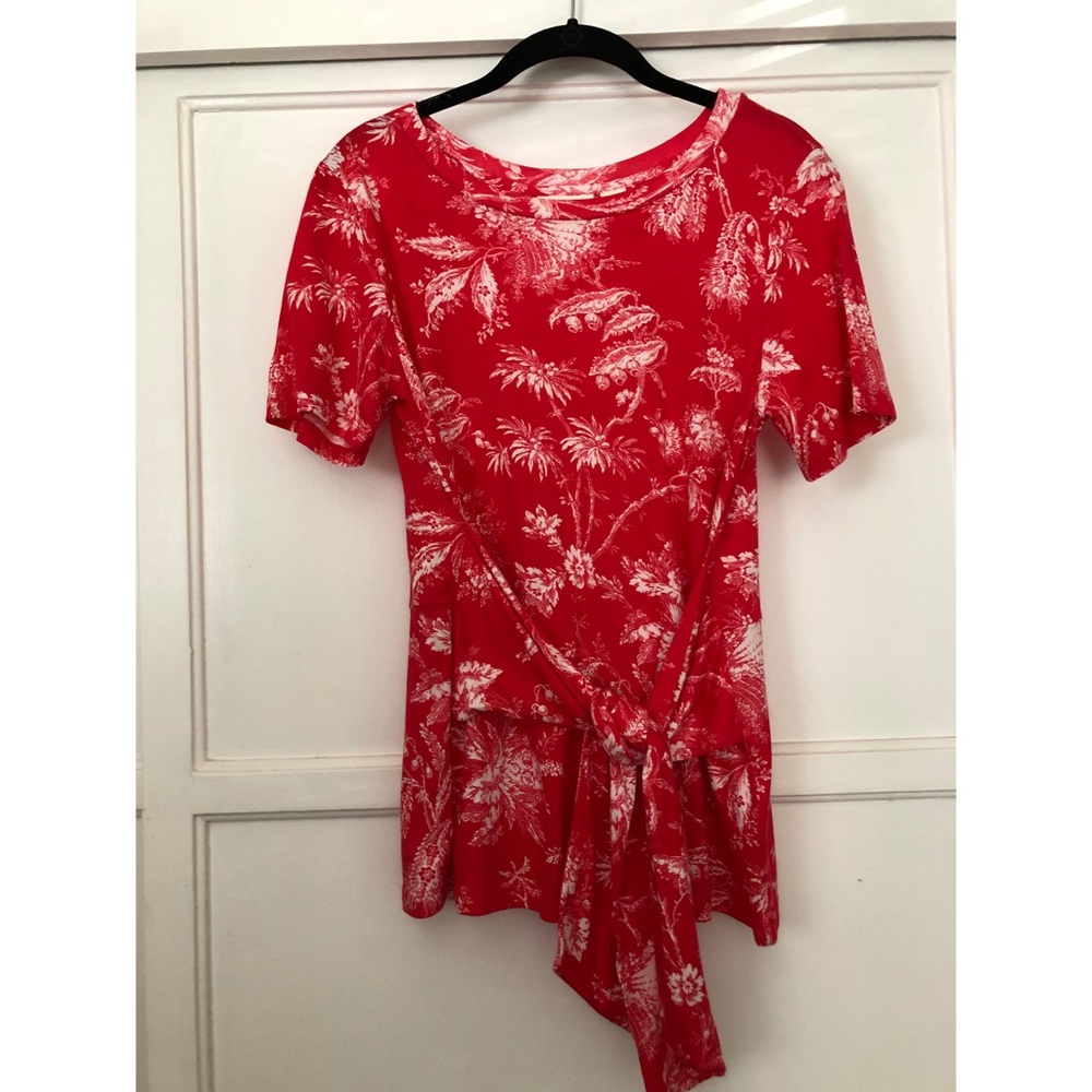 Anthropologie Coral Floral Tie-Waist Short Sleeve Top - Picture 6 of 9